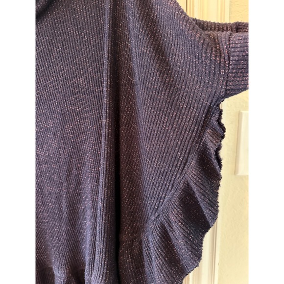 Anthropologie Blue Sparkle Ruffle Trim Cowl Neck Long Metallic Sleeve Top Blouse - Picture 6 of 10